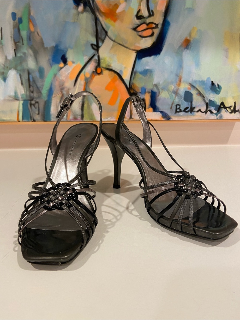 Anne Klein Metallic Black Strappy Slingback Heels